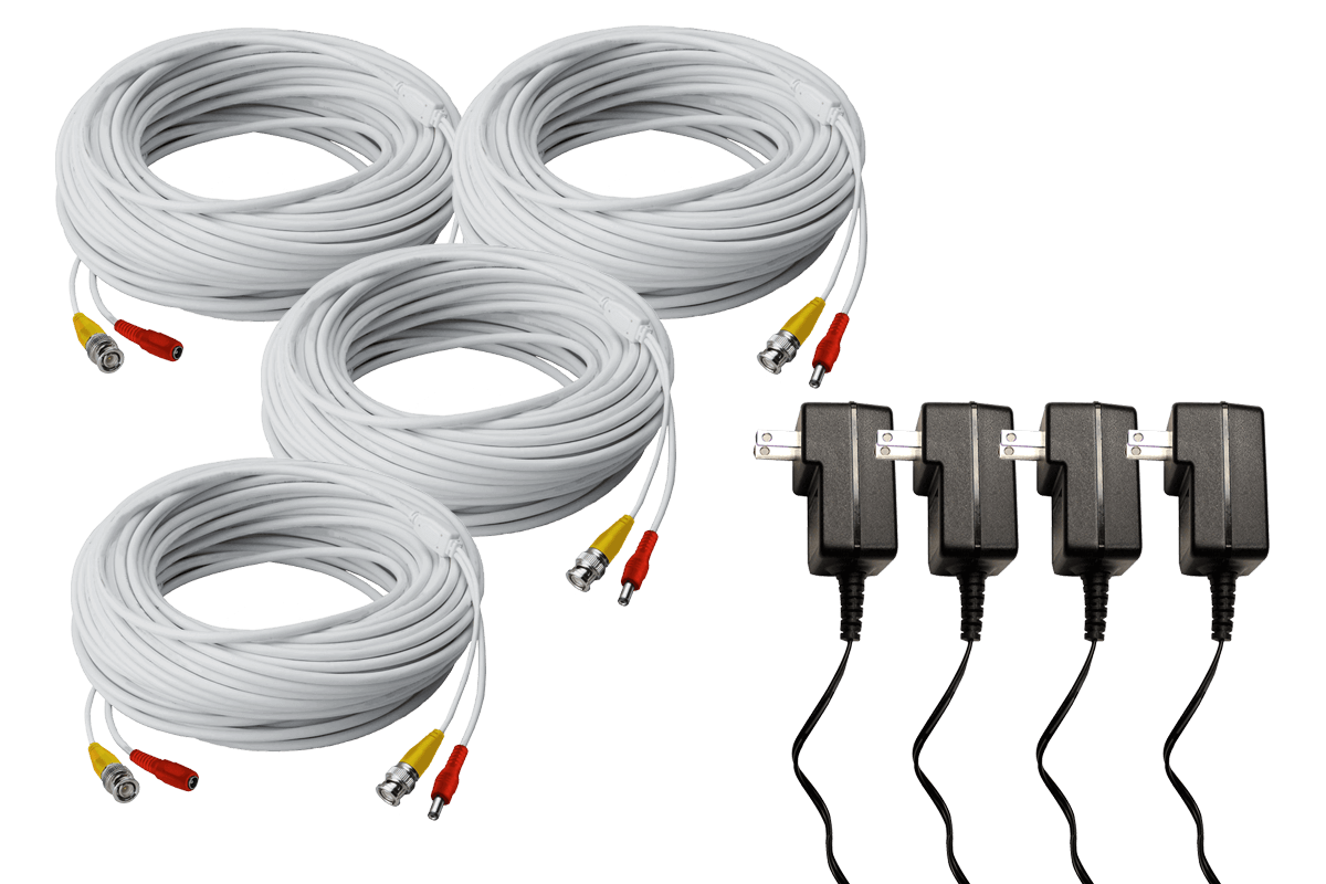 250FT high performance BNC Video/Power Cable & 12V Power Adapter for Lorex security camera systems (4-pack)
