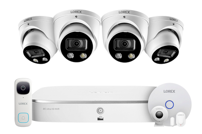 8-Channel NVR Fusion System with Four 4K Smart Deterrence IP Dome Cameras, 2K Wi-Fi Video Doorbell and Smart Sensor Starter Kit