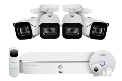 8-Channel NVR Fusion System with Four 4K (8MP) IP Cameras, 2K Wi-Fi Video Doorbell, and Smart Sensor Starter Kit