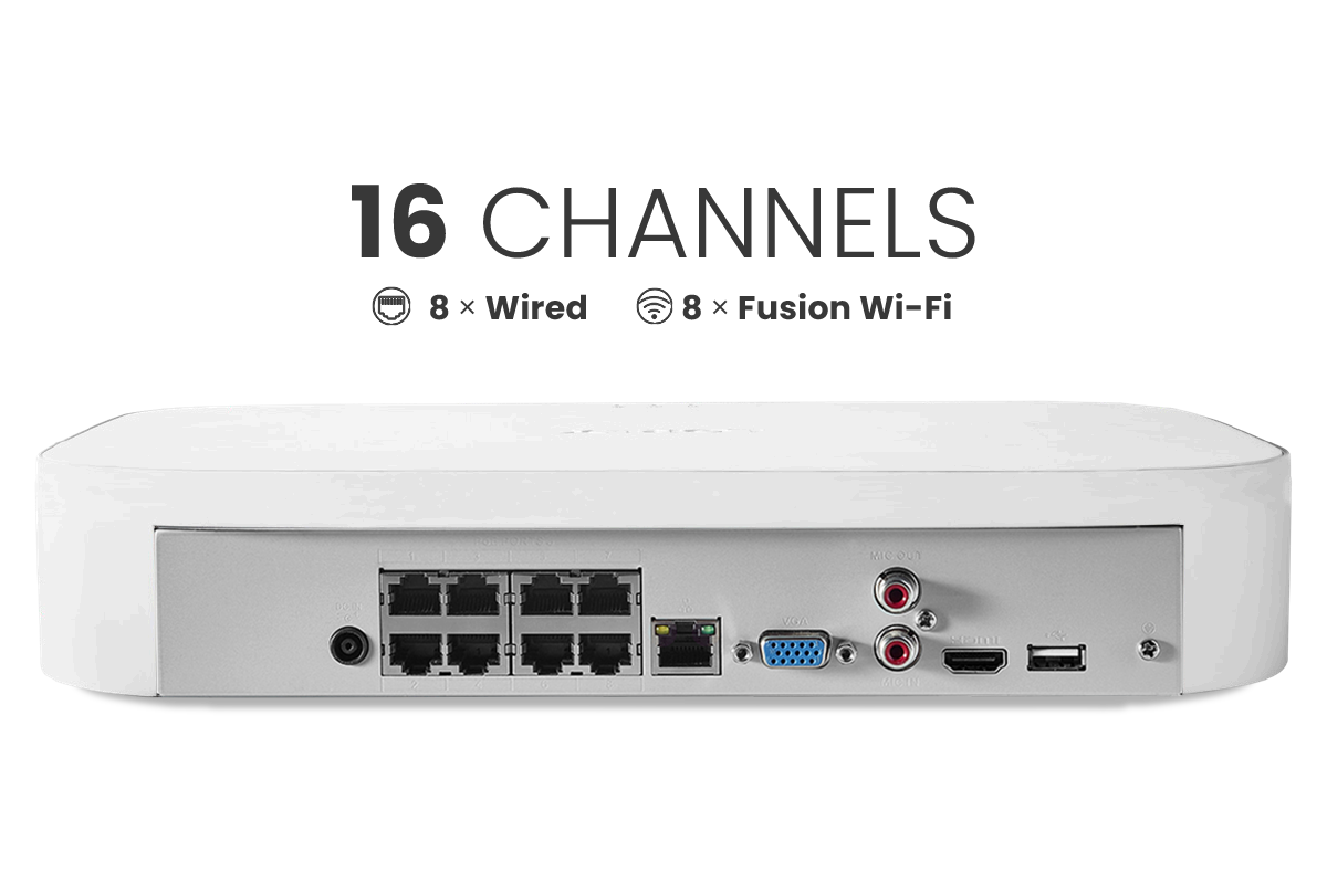 Lorex Fusion 4K 16 Camera Capable (8 Wired + 8 Fusion Wi-Fi) 2TB Wired NVR System with IP Bullet Cameras Featuring Smart Security Lighting