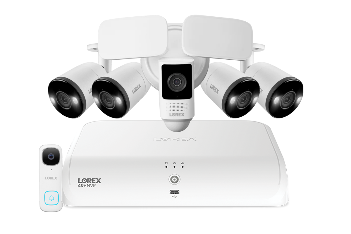 Lorex Fusion 4K+ 16 Channel (8 Wired + 8 Fusion Wi-Fi) 2TB NVR System with Four H13 Wired 4K IP Bullet Cameras, One 2K Wired Doorbell, and One 2K Floodlight